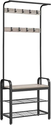 Wooden Metal Coat Rack With Shoe Bench For Entrance Area With Hooks, 3Layers