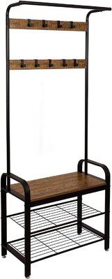 Wooden Metal Coat Rack With Shoe Bench For Entrance Area With Hooks, 3Layers