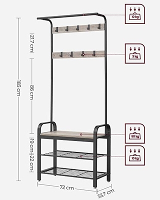 Wooden Metal Coat Rack With Shoe Bench For Entrance Area With Hooks, 3Layers