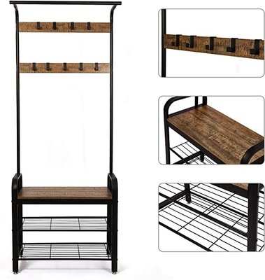Wooden Metal Coat Rack With Shoe Bench For Entrance Area With Hooks, 3Layers