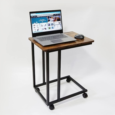 Industrial Side Table C Shaped End Table with Wheels for Couch and Bedside Coffee Snack Laptop
