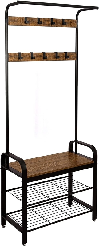 Wooden Metal Coat Rack With Shoe Bench For Entrance Area With Hooks, 3Layers