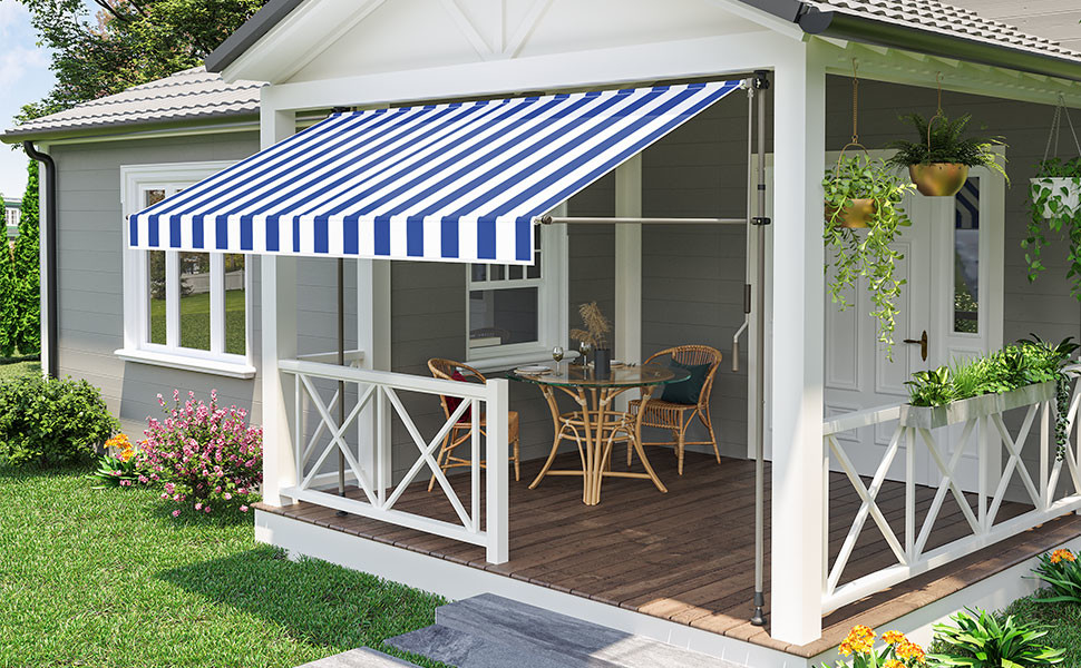 Manual Retractable Clamping Awning for Patio Balcony, Metal and Polyester, Height and Tilt Adjustable Balcony Awning